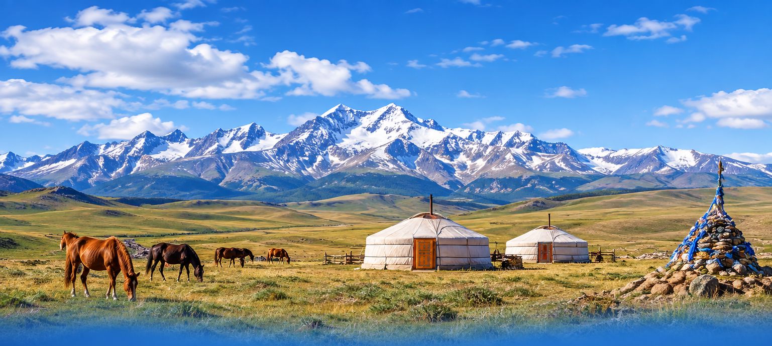 Mongolian steppe with snow-capped mountains, gers, grazing horses and an ovoo