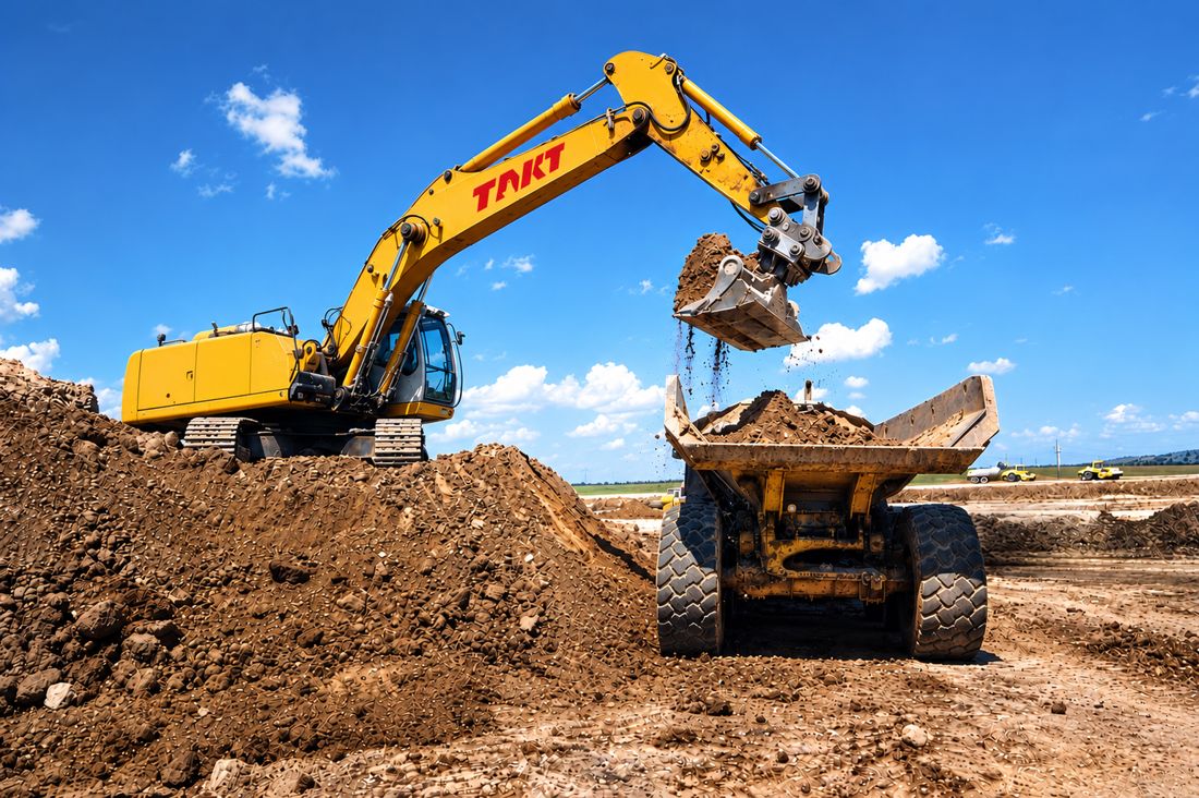TAKT-branded excavator loading a haul truck on site